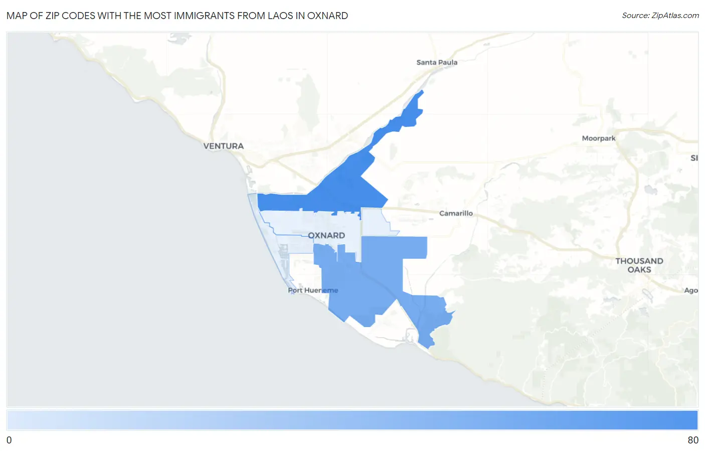 Zip Codes with the Most Immigrants from Laos in Oxnard Map