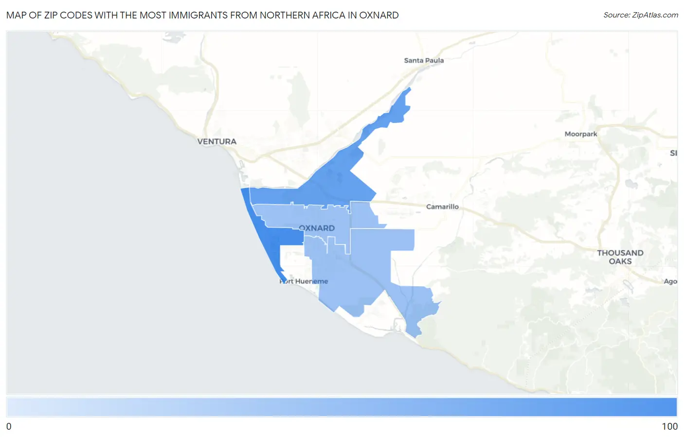 Zip Codes with the Most Immigrants from Northern Africa in Oxnard Map