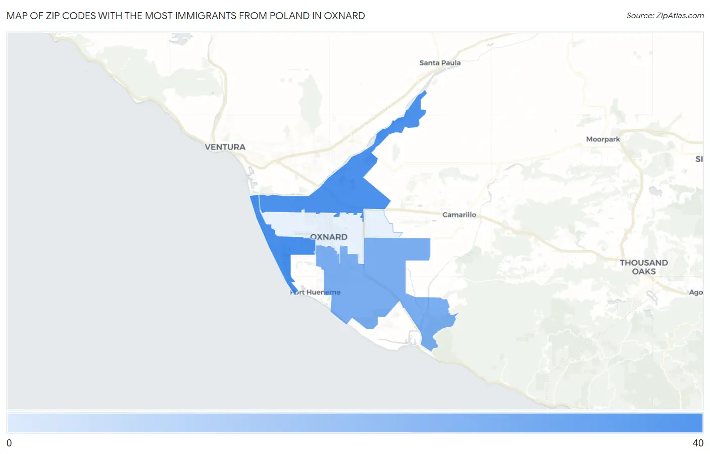 Zip Codes with the Most Immigrants from Poland in Oxnard Map