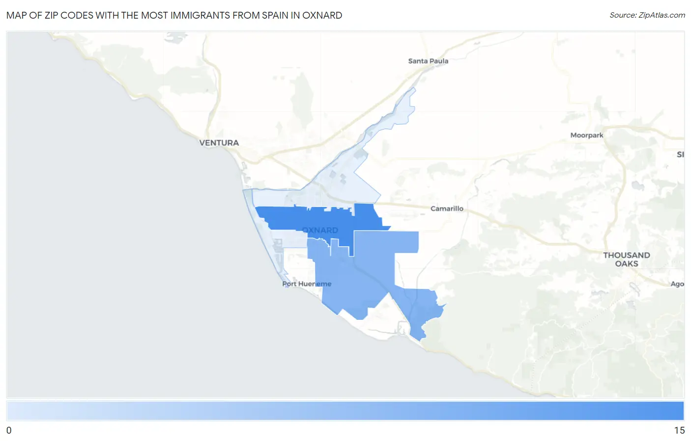 Zip Codes with the Most Immigrants from Spain in Oxnard Map