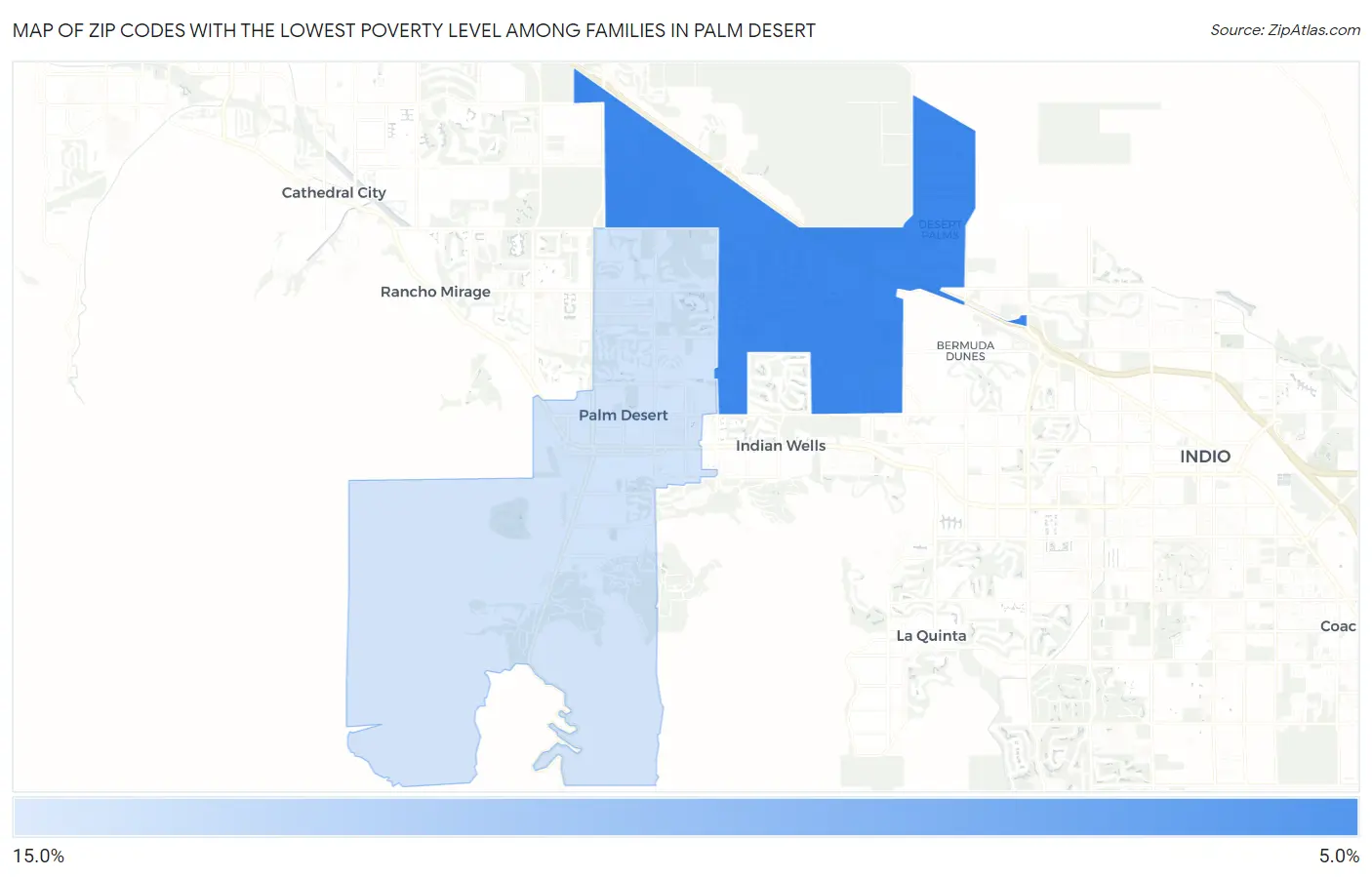 Zip Codes with the Lowest Poverty Level Among Families in Palm Desert Map