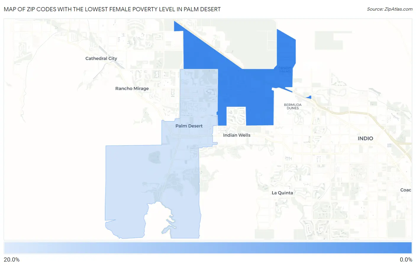Zip Codes with the Lowest Female Poverty Level in Palm Desert Map