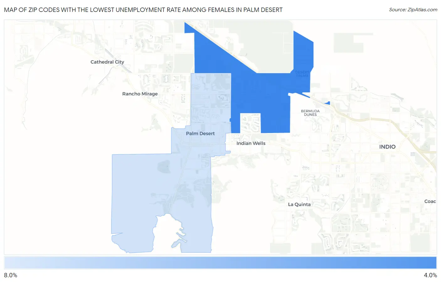 Zip Codes with the Lowest Unemployment Rate Among Females in Palm Desert Map