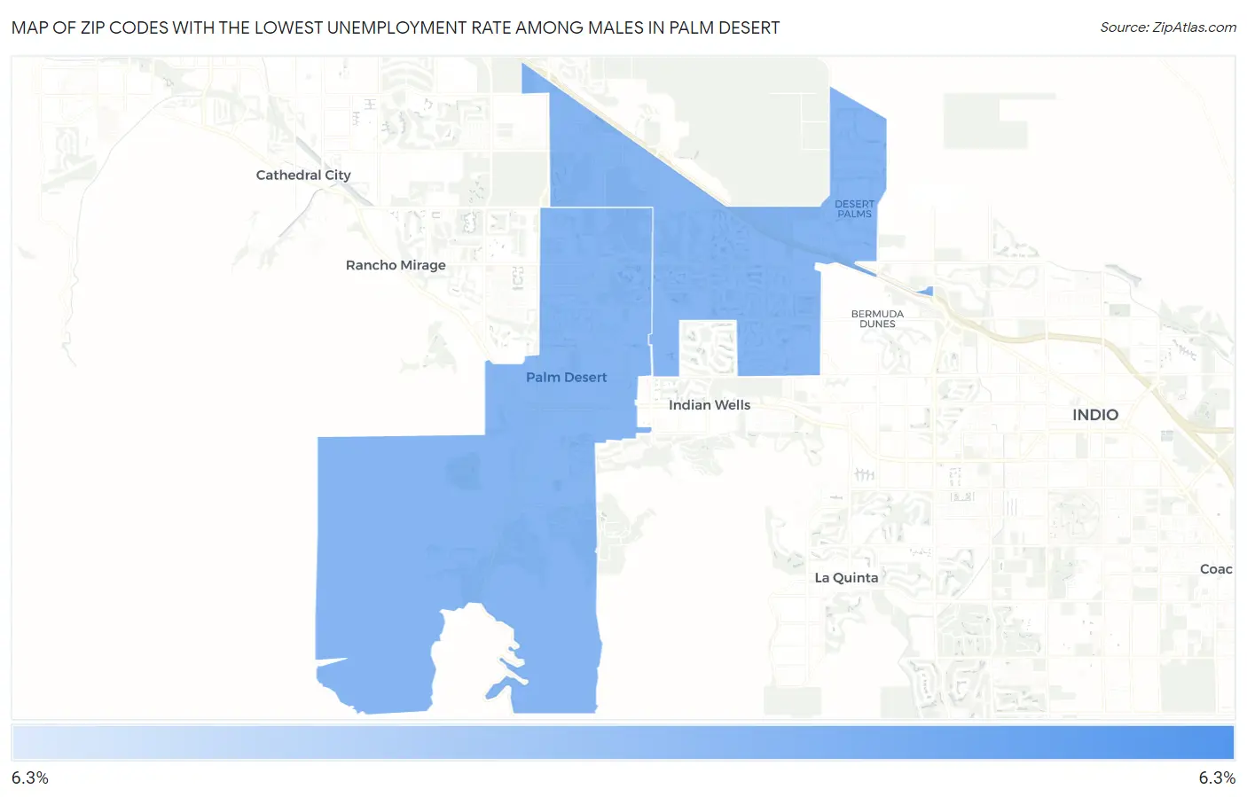 Zip Codes with the Lowest Unemployment Rate Among Males in Palm Desert Map