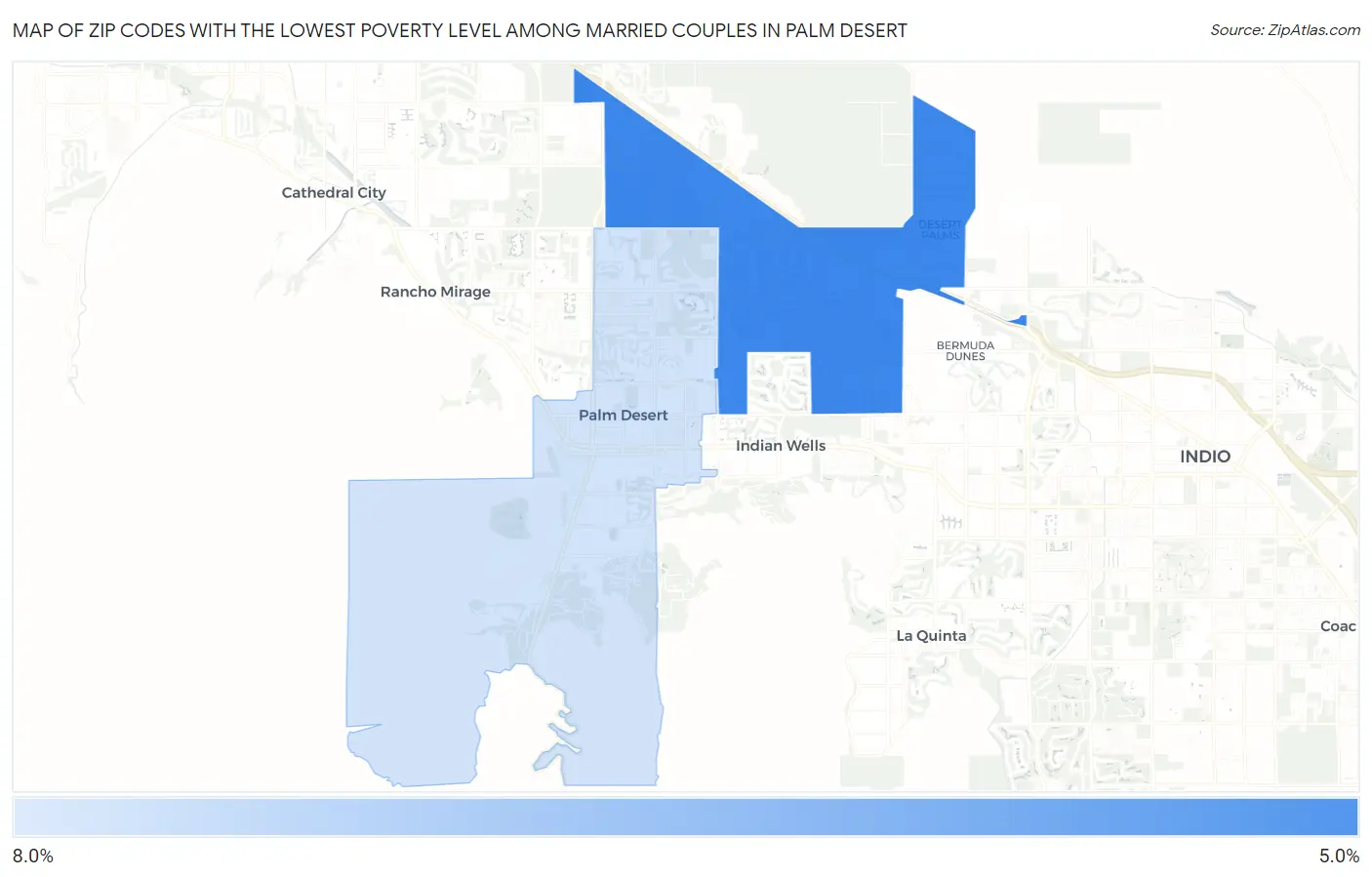 Zip Codes with the Lowest Poverty Level Among Married Couples in Palm Desert Map