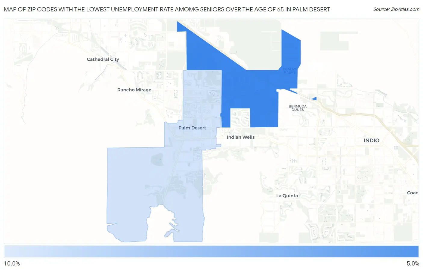 Zip Codes with the Lowest Unemployment Rate Amomg Seniors Over the Age of 65 in Palm Desert Map