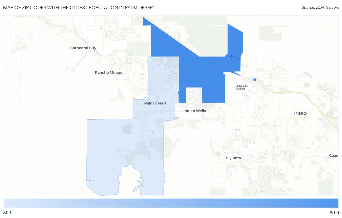 Zip Codes with the Oldest Population in Palm Desert Map