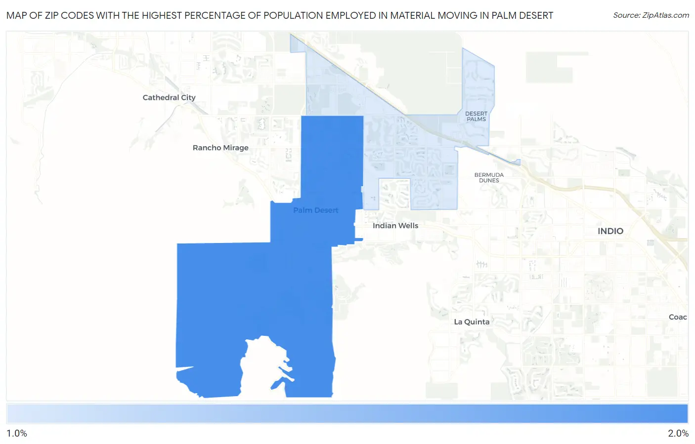 Zip Codes with the Highest Percentage of Population Employed in Material Moving in Palm Desert Map