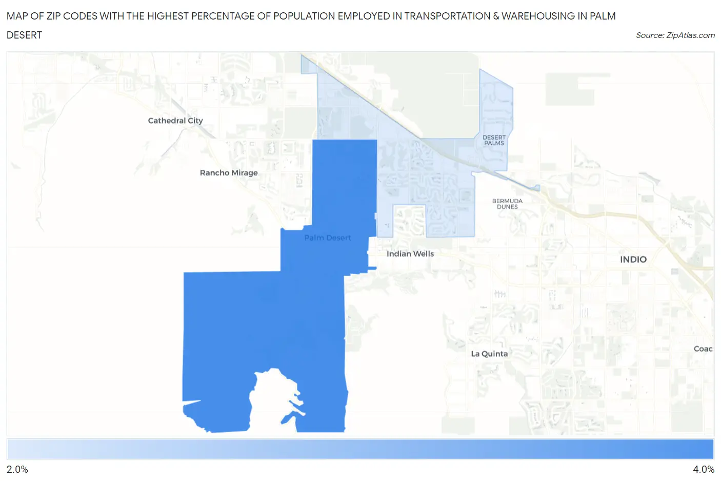 Zip Codes with the Highest Percentage of Population Employed in Transportation & Warehousing in Palm Desert Map