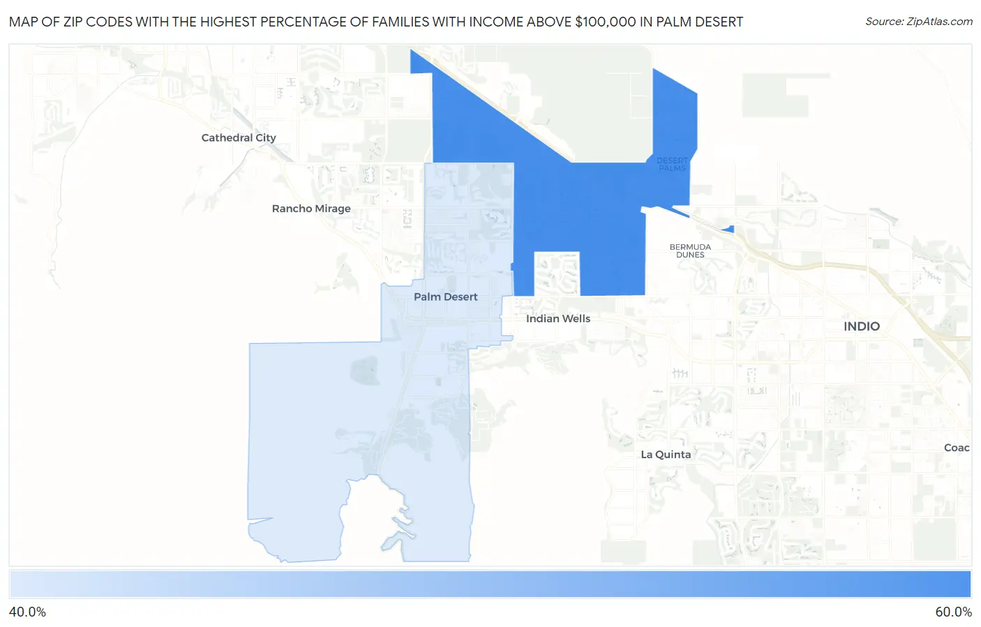 Zip Codes with the Highest Percentage of Families with Income Above $100,000 in Palm Desert Map