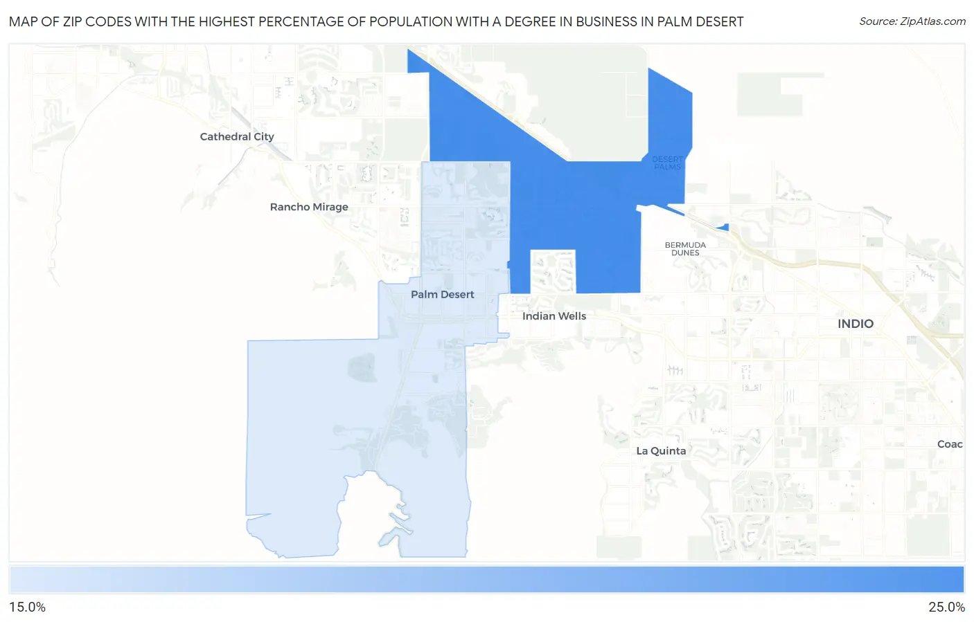 Zip Codes with the Highest Percentage of Population with a Degree in Business in Palm Desert Map