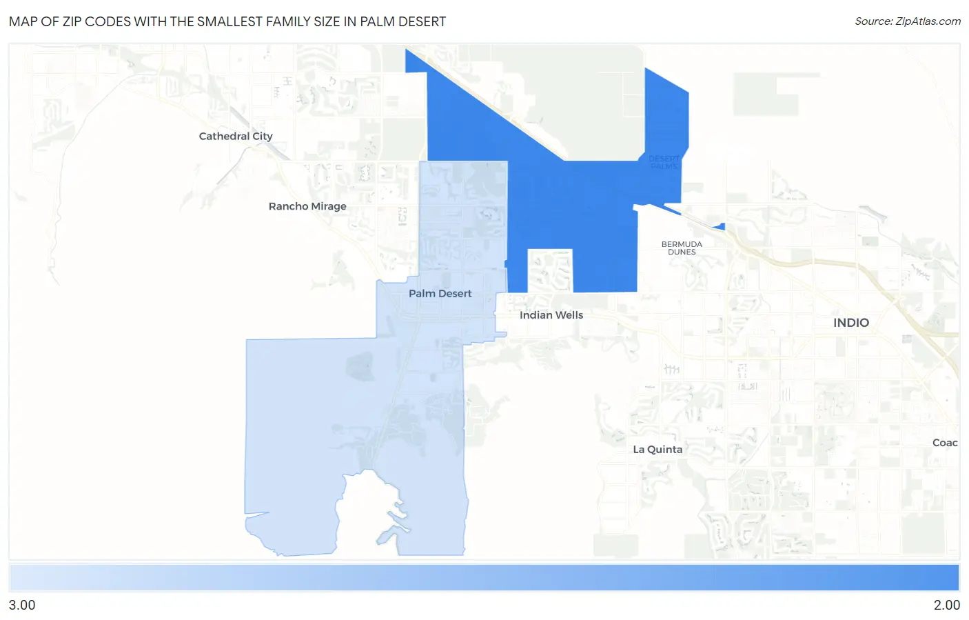 Zip Codes with the Smallest Family Size in Palm Desert Map