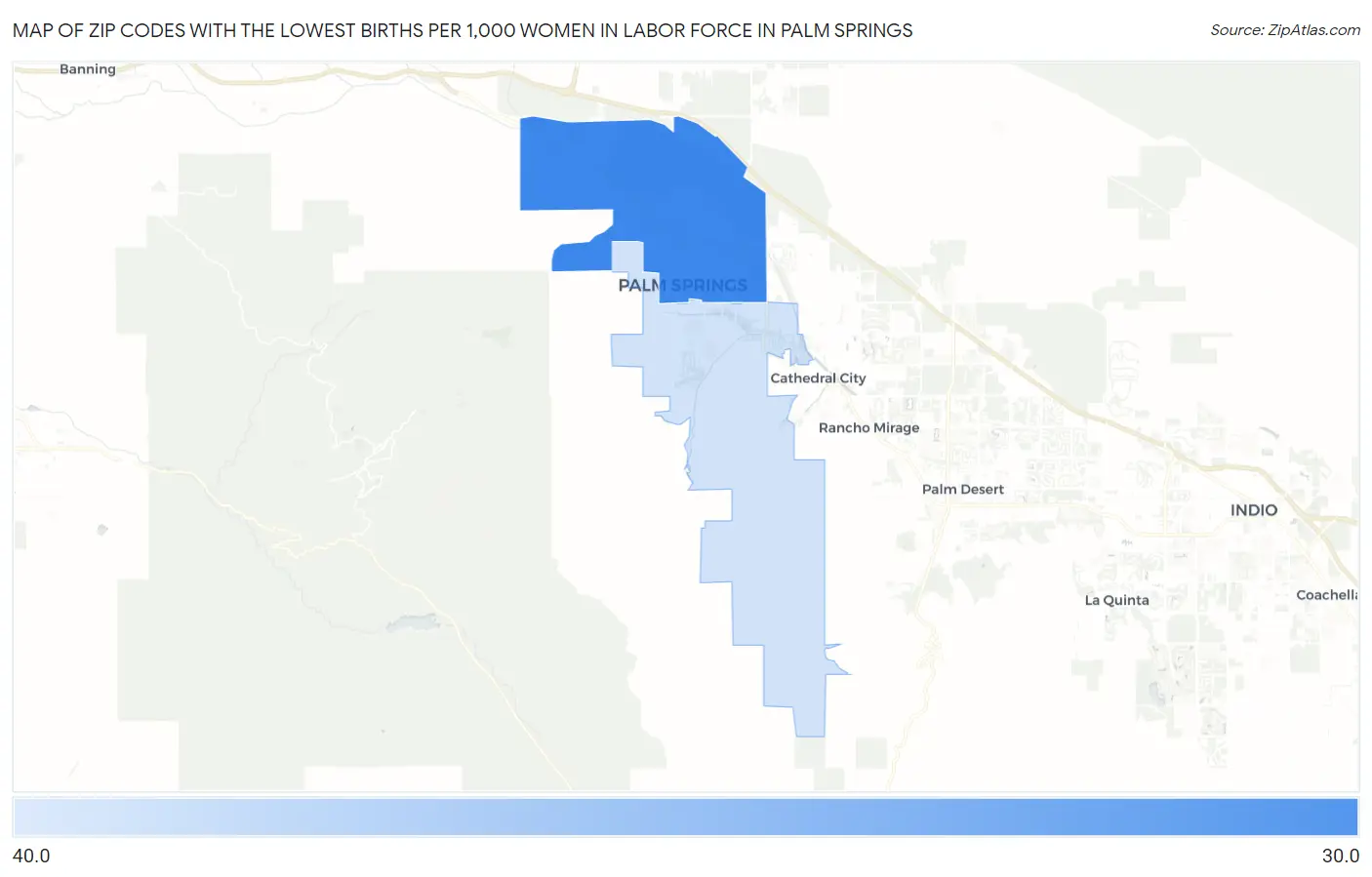 Zip Codes with the Lowest Births per 1,000 Women in Labor Force in Palm Springs Map