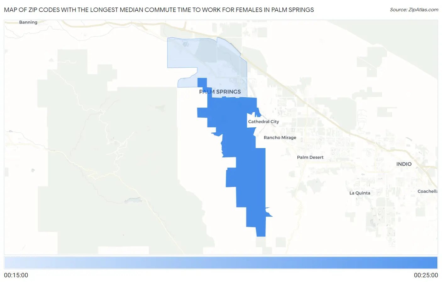Zip Codes with the Longest Median Commute Time to Work for Females in Palm Springs Map