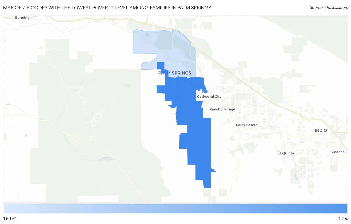 Zip Codes with the Lowest Poverty Level Among Families in Palm Springs Map