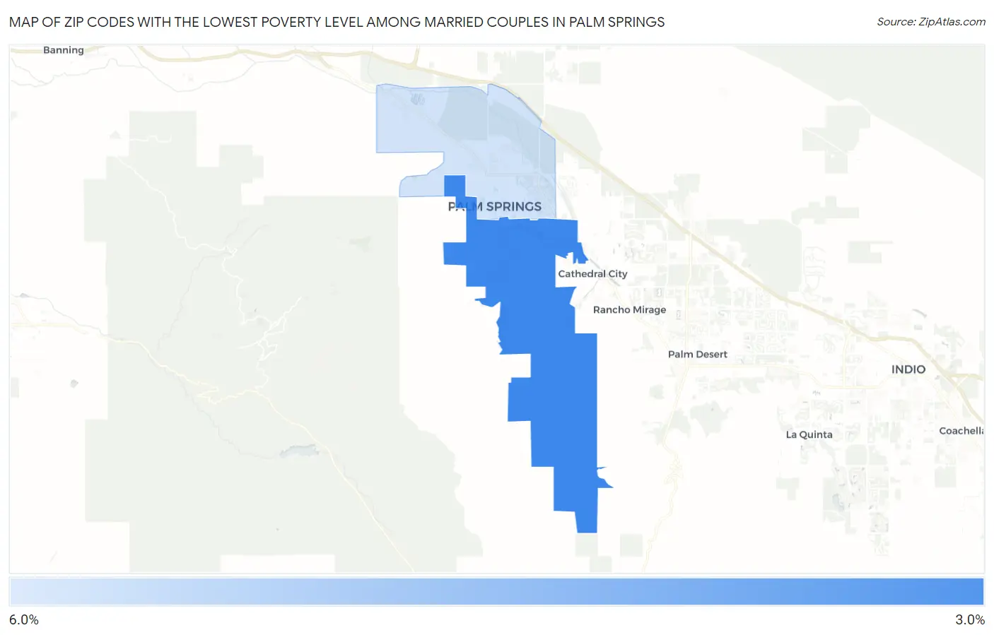 Zip Codes with the Lowest Poverty Level Among Married Couples in Palm Springs Map