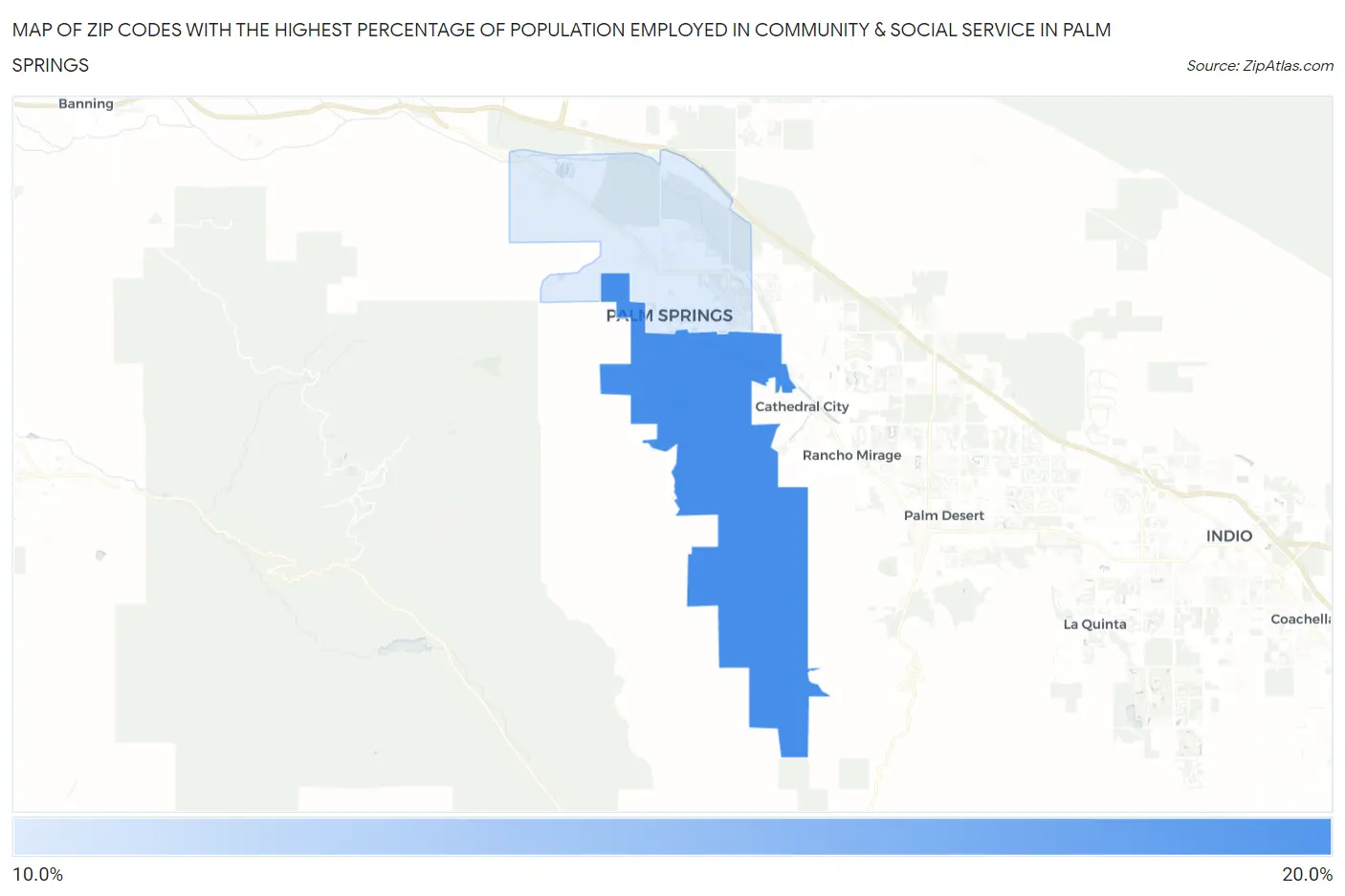 Zip Codes with the Highest Percentage of Population Employed in Community & Social Service  in Palm Springs Map