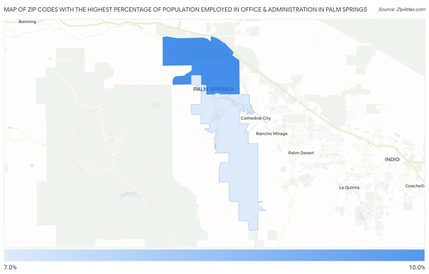 Zip Codes with the Highest Percentage of Population Employed in Office & Administration in Palm Springs Map