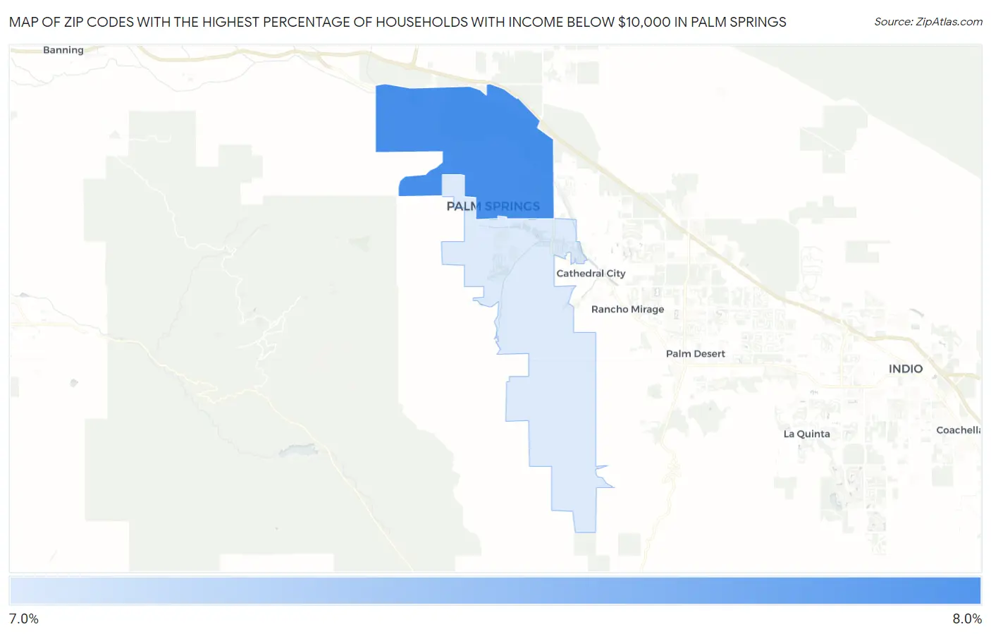 Zip Codes with the Highest Percentage of Households with Income Below $10,000 in Palm Springs Map