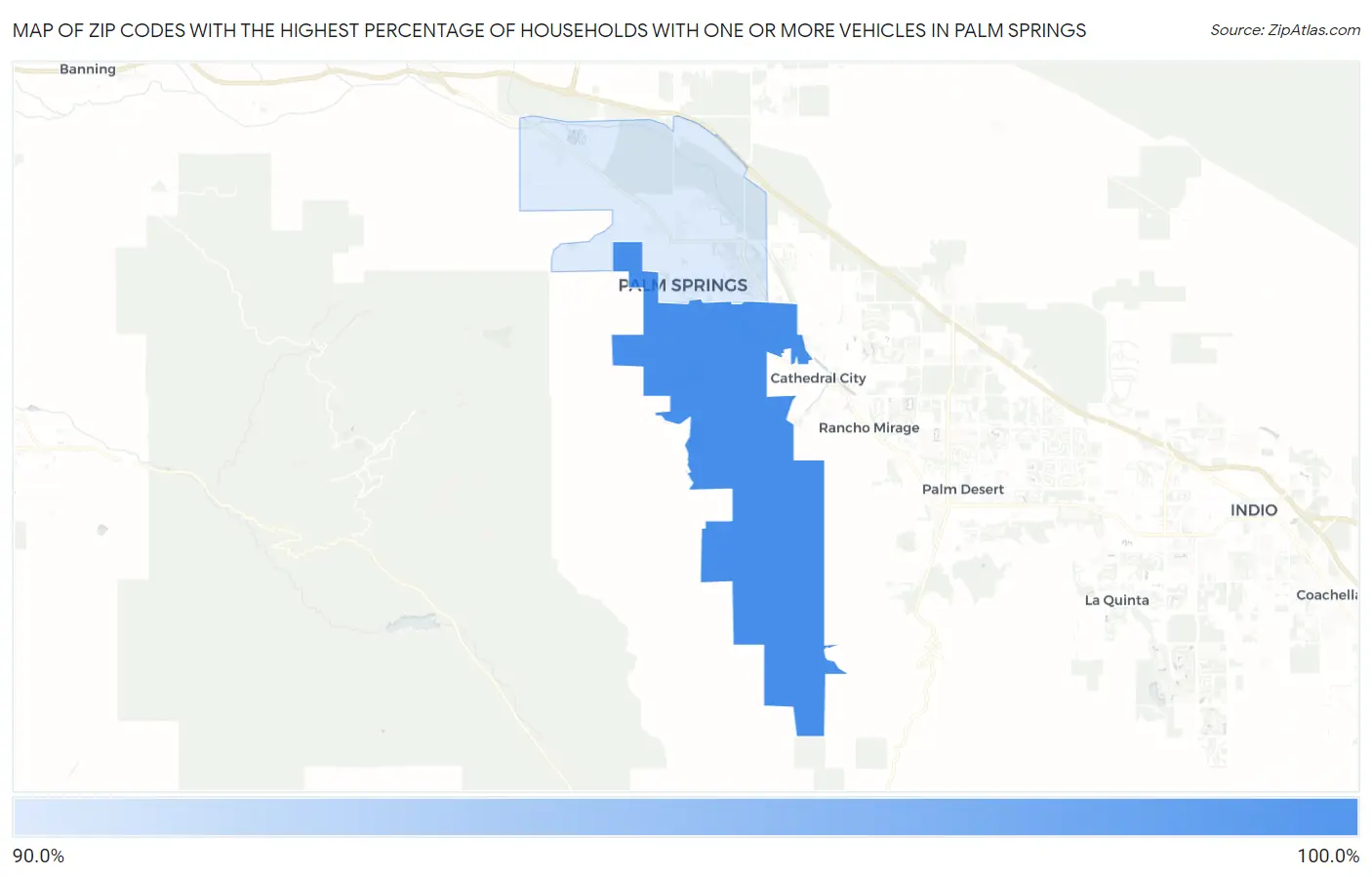 Zip Codes with the Highest Percentage of Households With One or more Vehicles in Palm Springs Map