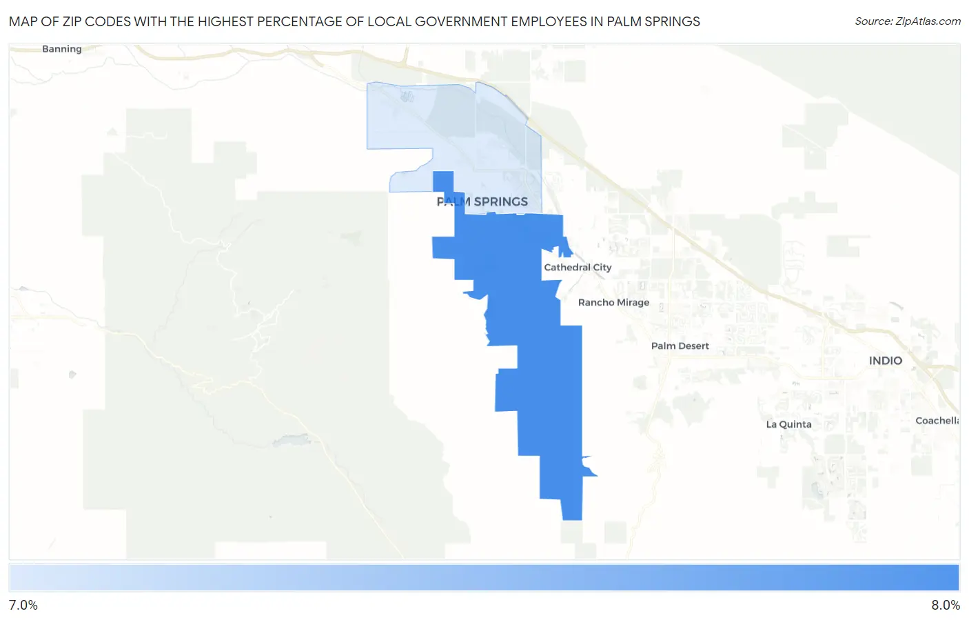 Zip Codes with the Highest Percentage of Local Government Employees in Palm Springs Map