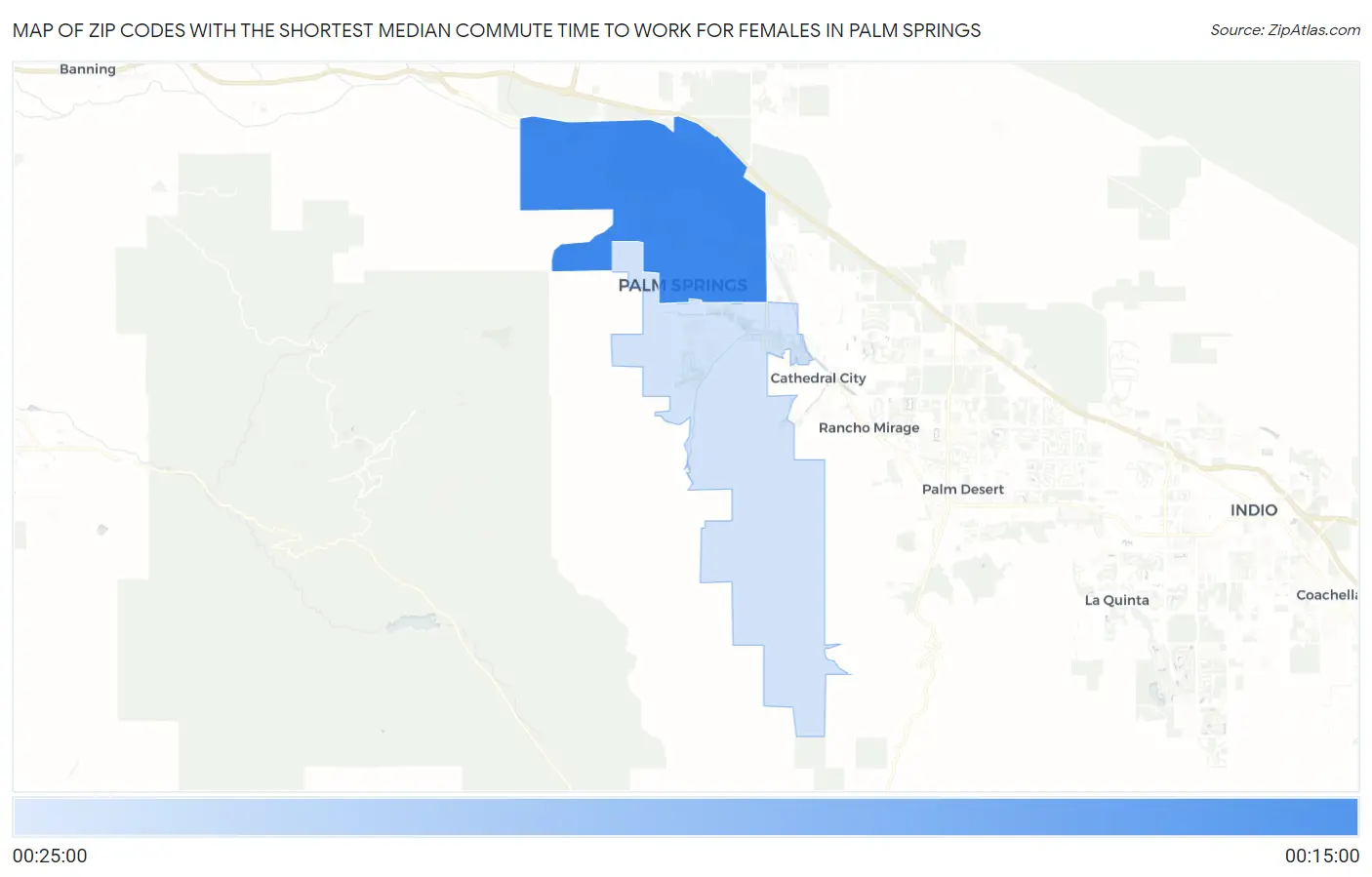 Zip Codes with the Shortest Median Commute Time to Work for Females in Palm Springs Map