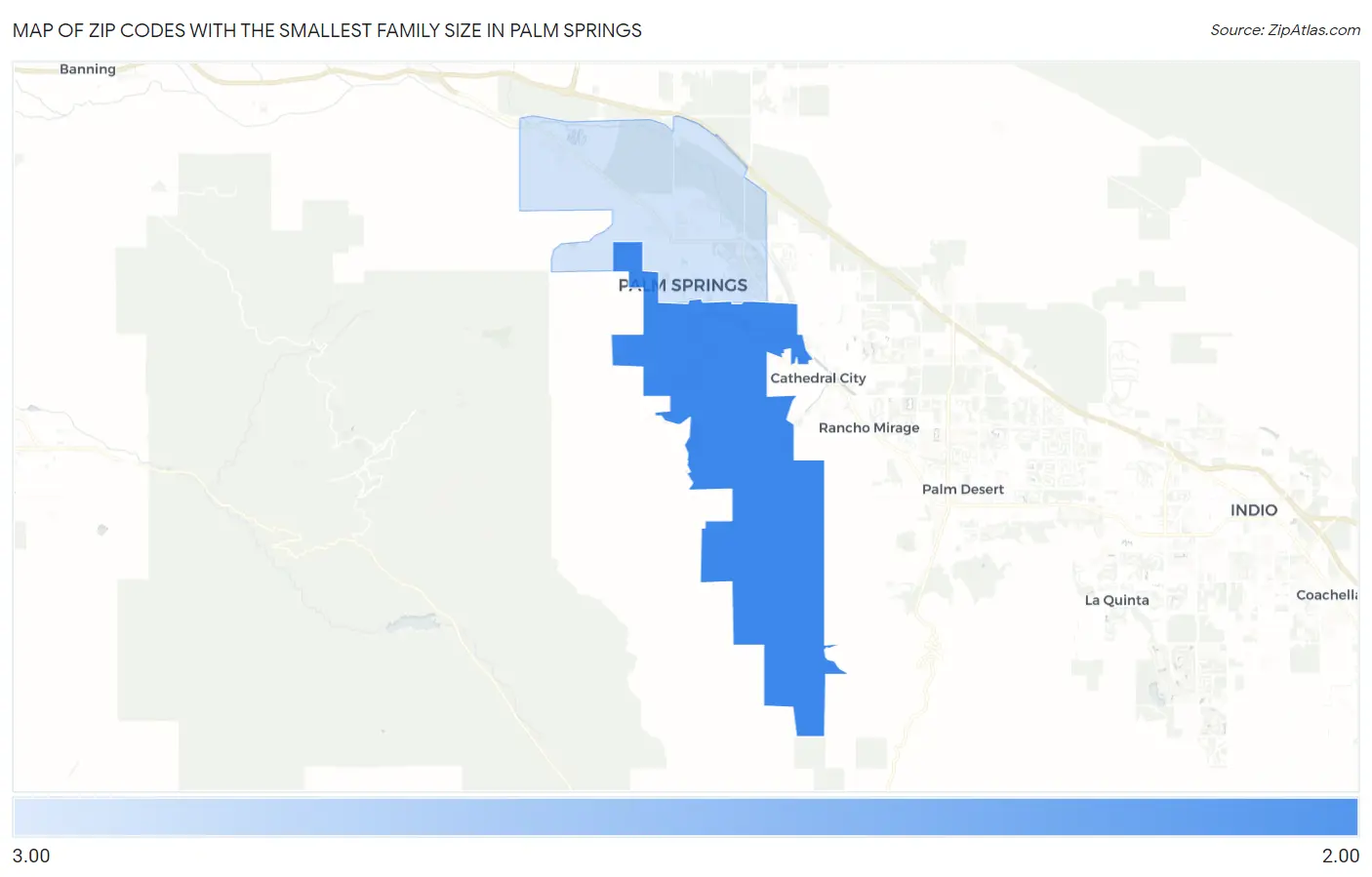 Zip Codes with the Smallest Family Size in Palm Springs Map