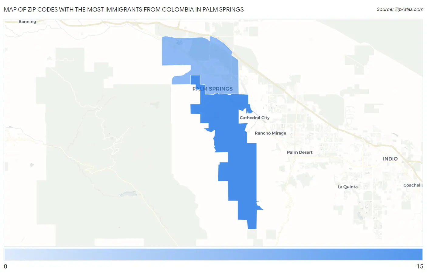 Zip Codes with the Most Immigrants from Colombia in Palm Springs Map