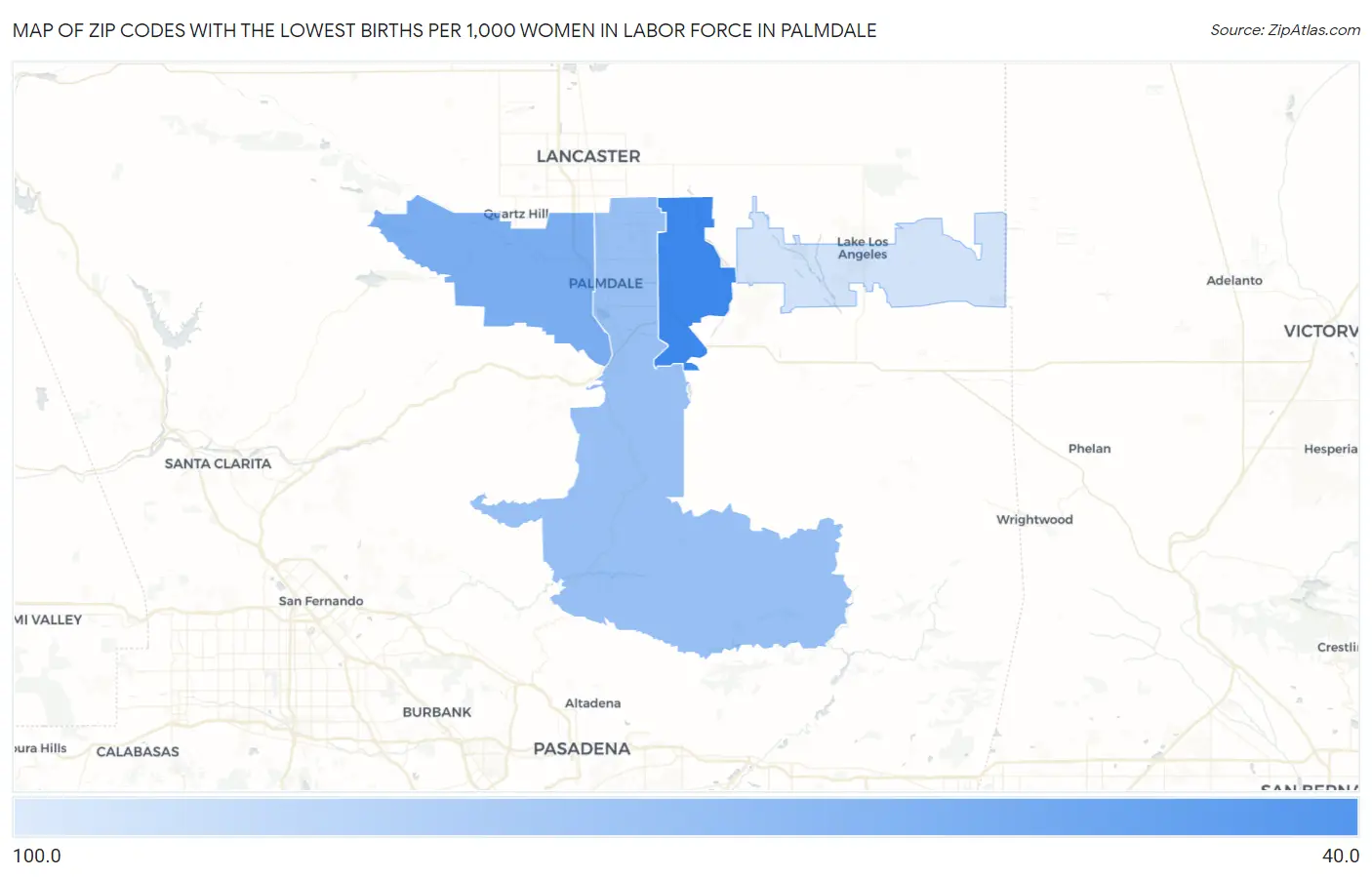 Zip Codes with the Lowest Births per 1,000 Women in Labor Force in Palmdale Map