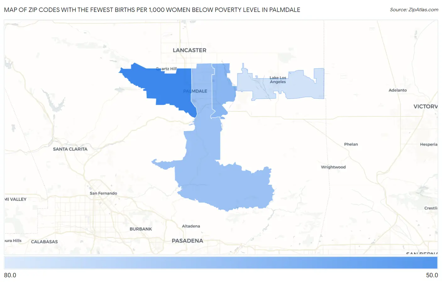 Zip Codes with the Fewest Births per 1,000 Women Below Poverty Level in Palmdale Map