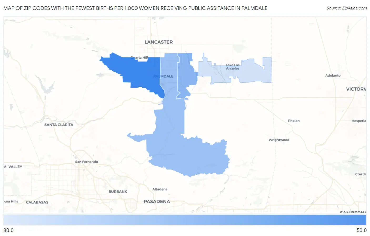 Zip Codes with the Fewest Births per 1,000 Women Receiving Public Assitance in Palmdale Map