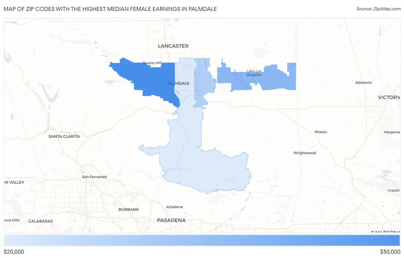 Zip Codes with the Highest Median Female Earnings in Palmdale Map