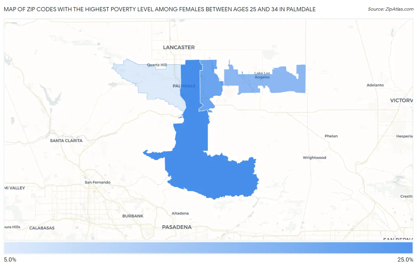 Zip Codes with the Highest Poverty Level Among Females Between Ages 25 and 34 in Palmdale Map