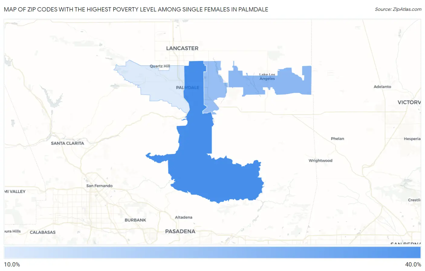 Zip Codes with the Highest Poverty Level Among Single Females in Palmdale Map