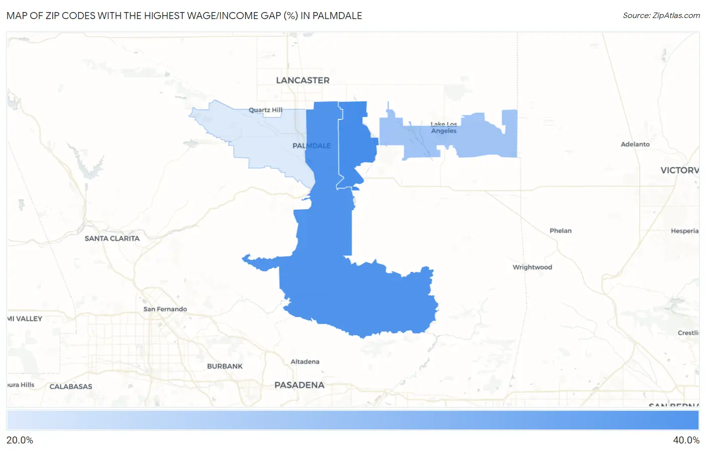 Zip Codes with the Highest Wage/Income Gap (%) in Palmdale Map