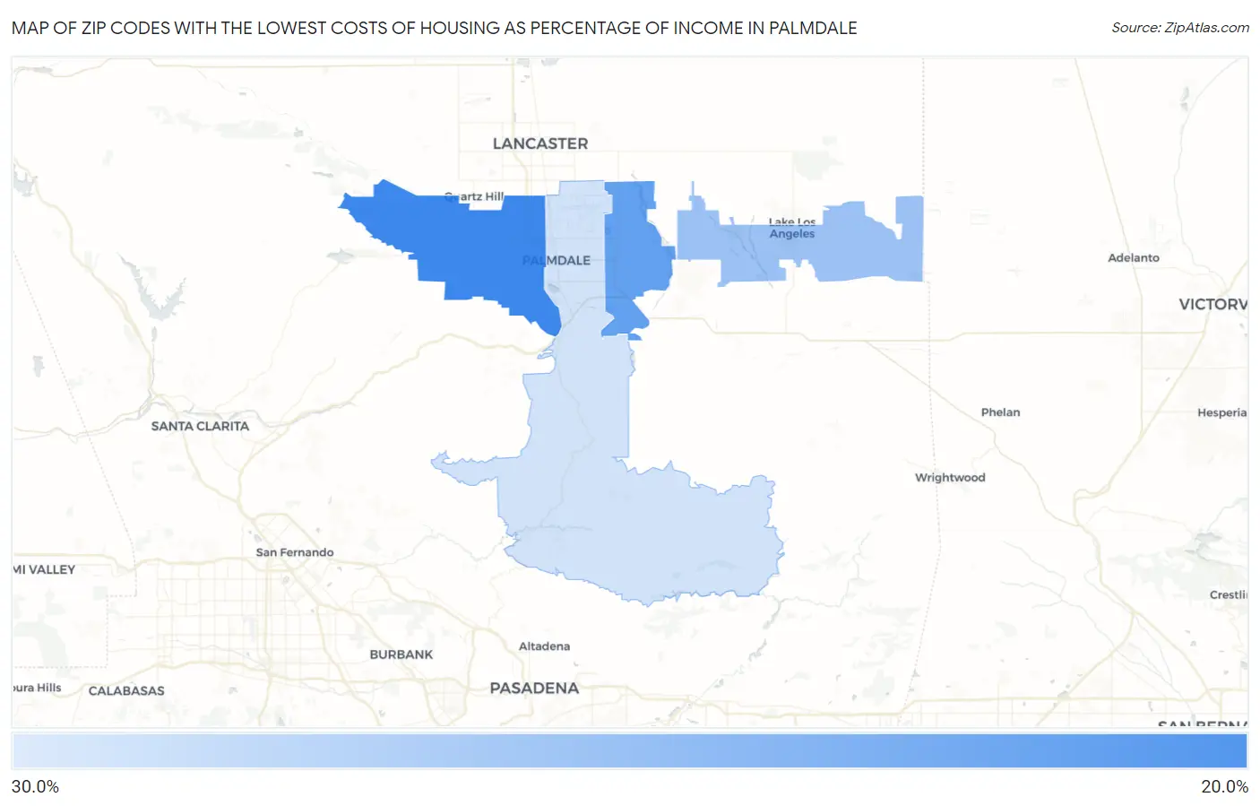 Zip Codes with the Lowest Costs of Housing as Percentage of Income in Palmdale Map