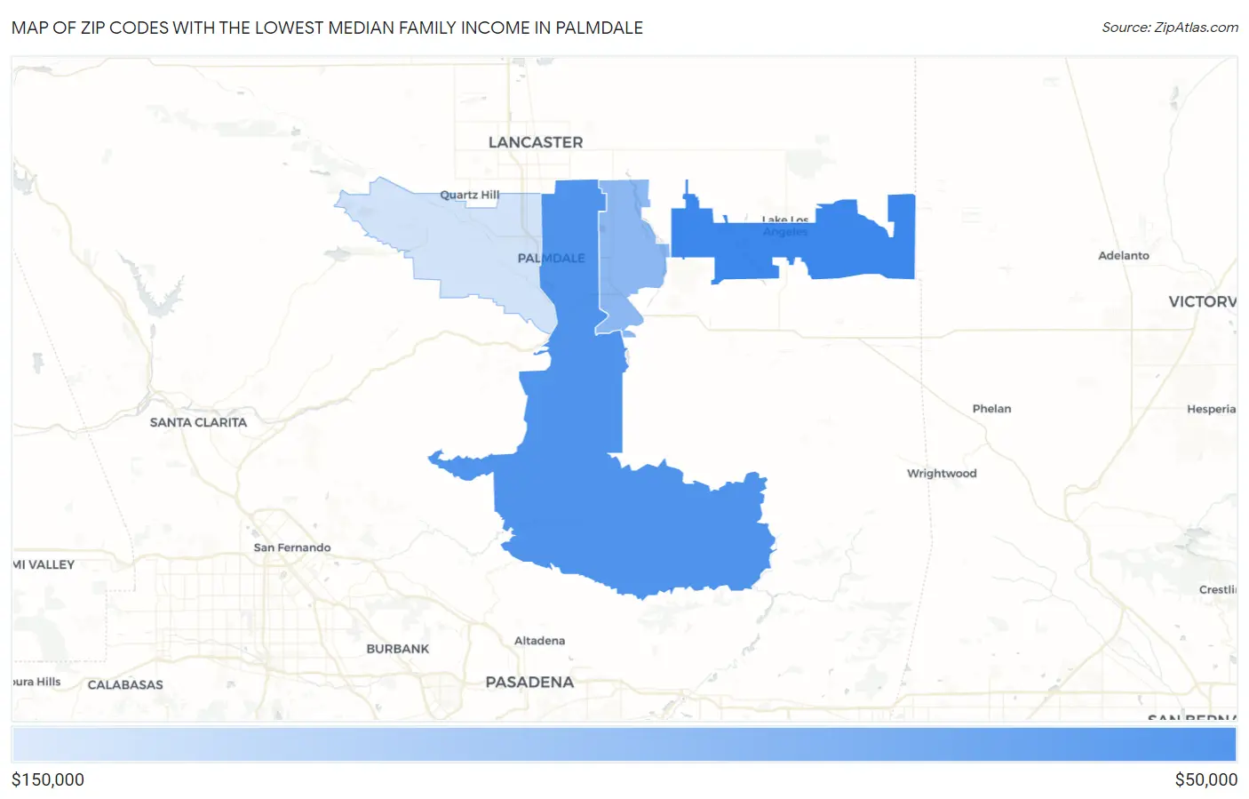 Zip Codes with the Lowest Median Family Income in Palmdale Map