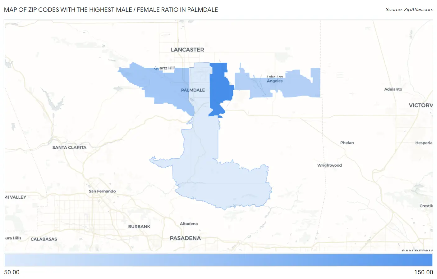 Zip Codes with the Highest Male / Female Ratio in Palmdale Map