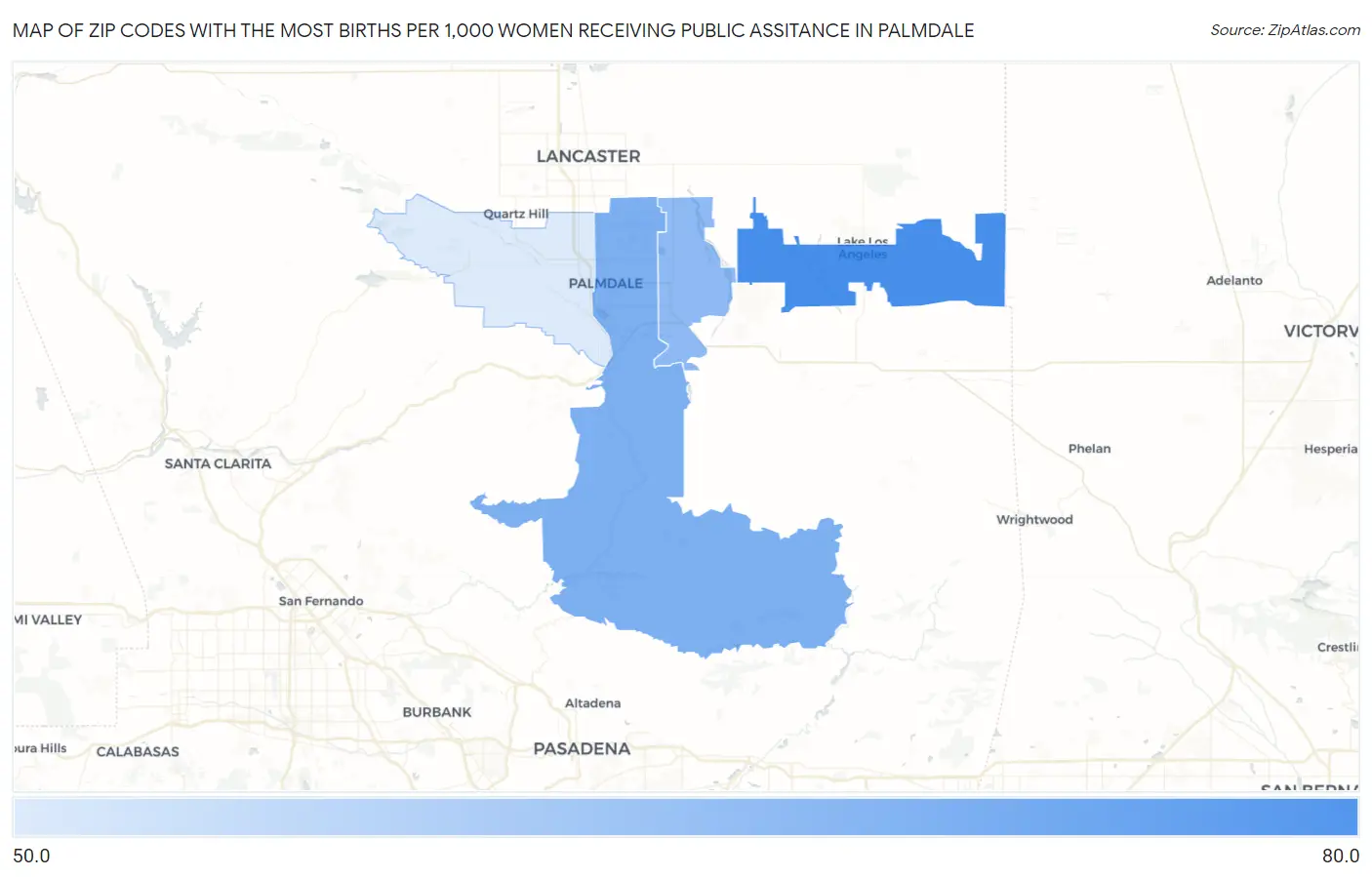 Zip Codes with the Most Births per 1,000 Women Receiving Public Assitance in Palmdale Map