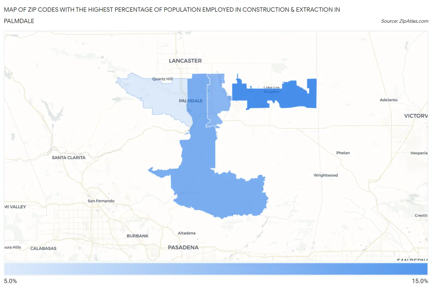 Zip Codes with the Highest Percentage of Population Employed in Construction & Extraction in Palmdale Map