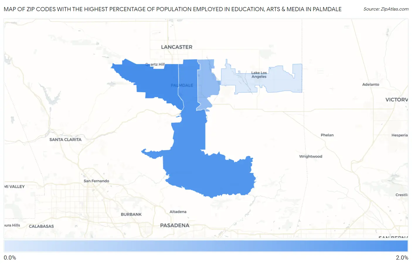 Zip Codes with the Highest Percentage of Population Employed in Education, Arts & Media in Palmdale Map