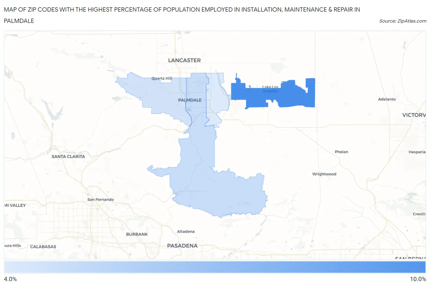 Zip Codes with the Highest Percentage of Population Employed in Installation, Maintenance & Repair in Palmdale Map