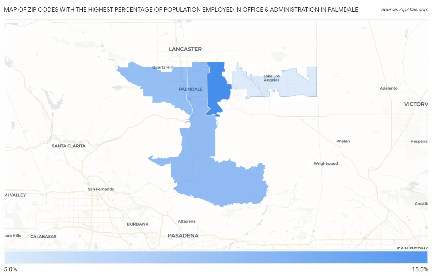 Zip Codes with the Highest Percentage of Population Employed in Office & Administration in Palmdale Map