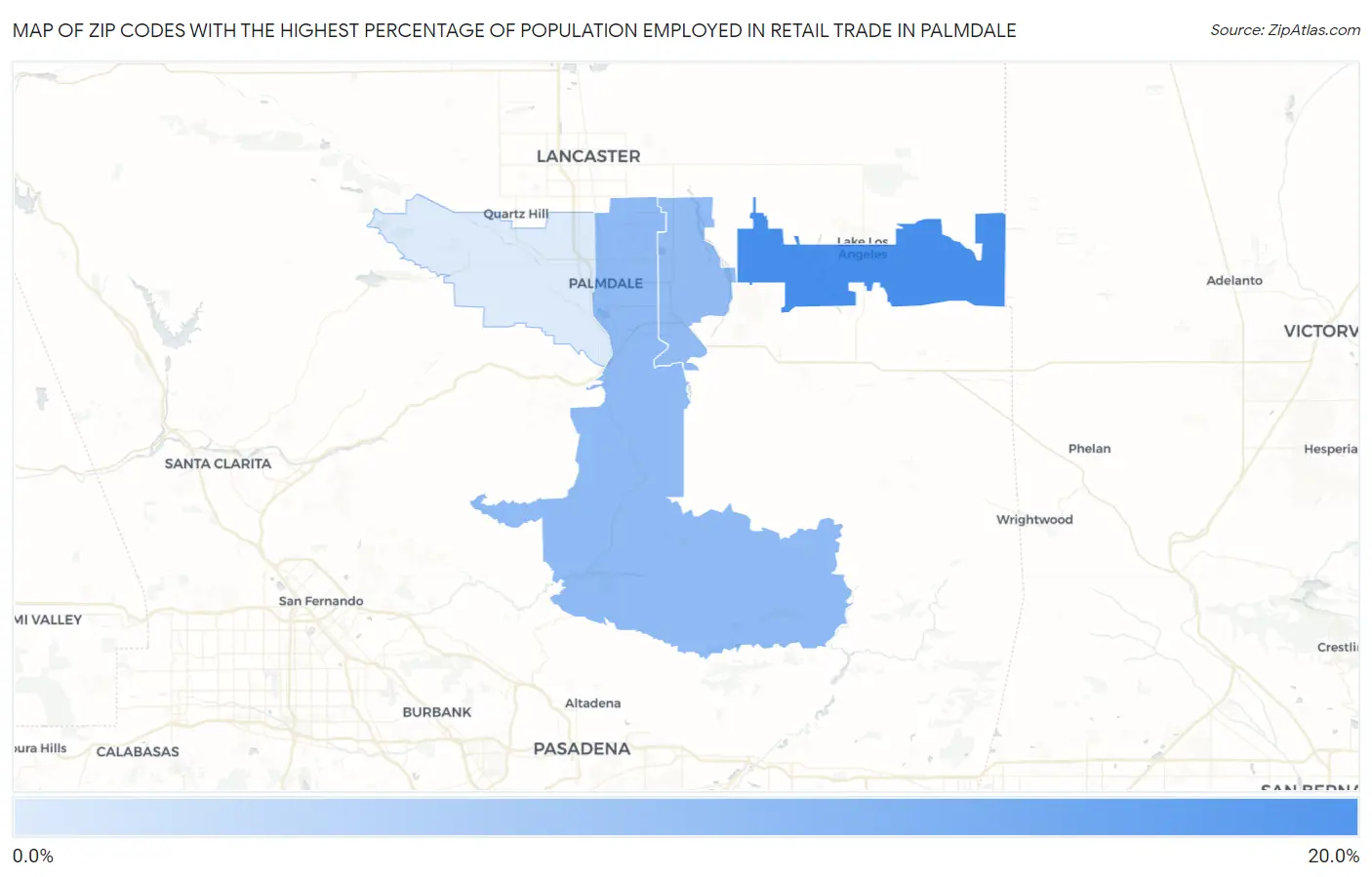 Zip Codes with the Highest Percentage of Population Employed in Retail Trade in Palmdale Map