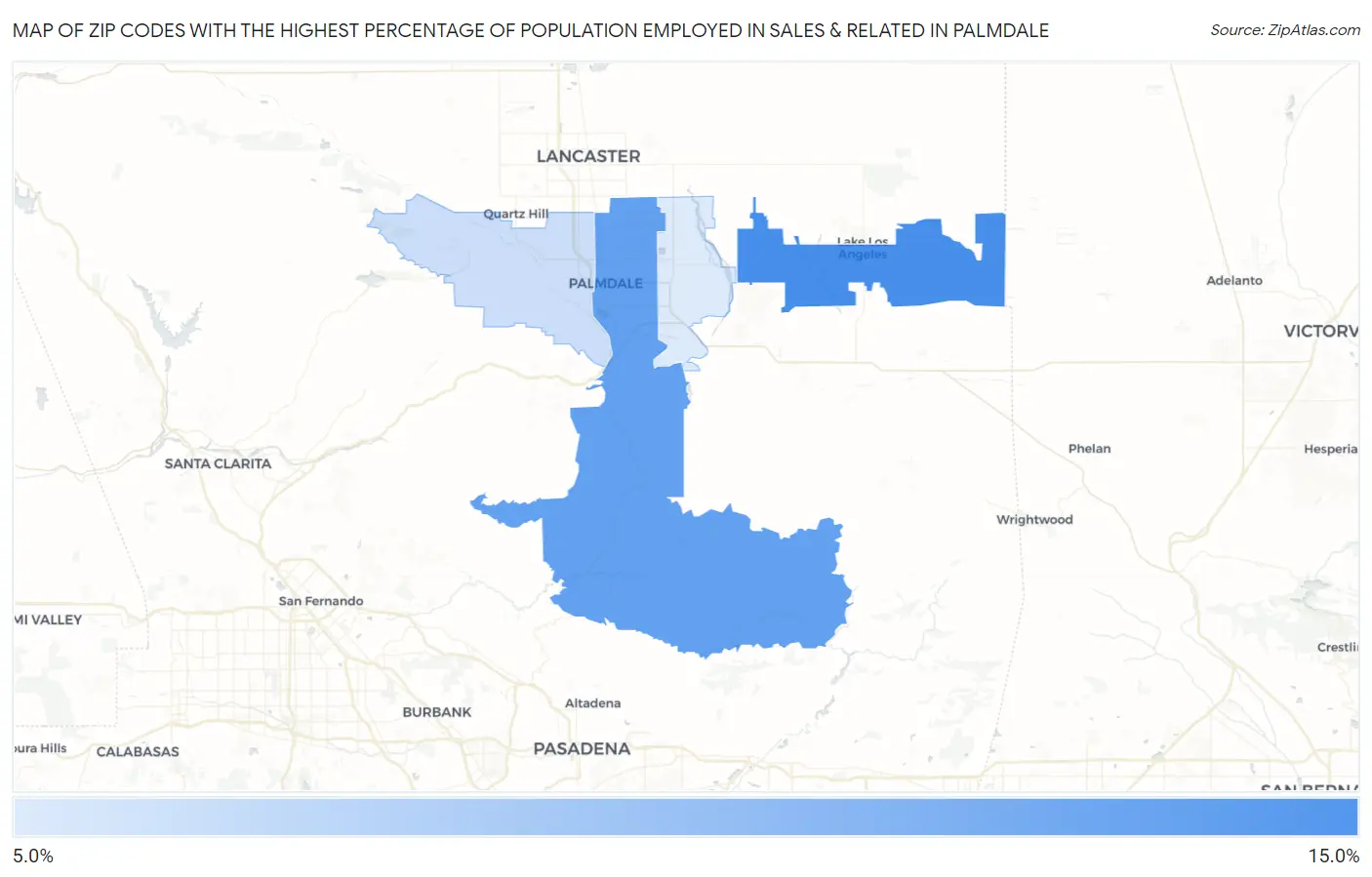 Zip Codes with the Highest Percentage of Population Employed in Sales & Related in Palmdale Map