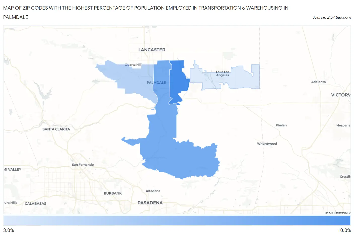 Zip Codes with the Highest Percentage of Population Employed in Transportation & Warehousing in Palmdale Map