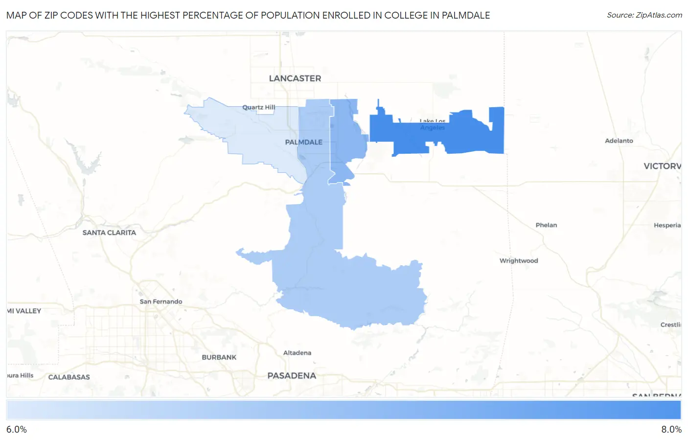 Zip Codes with the Highest Percentage of Population Enrolled in College in Palmdale Map