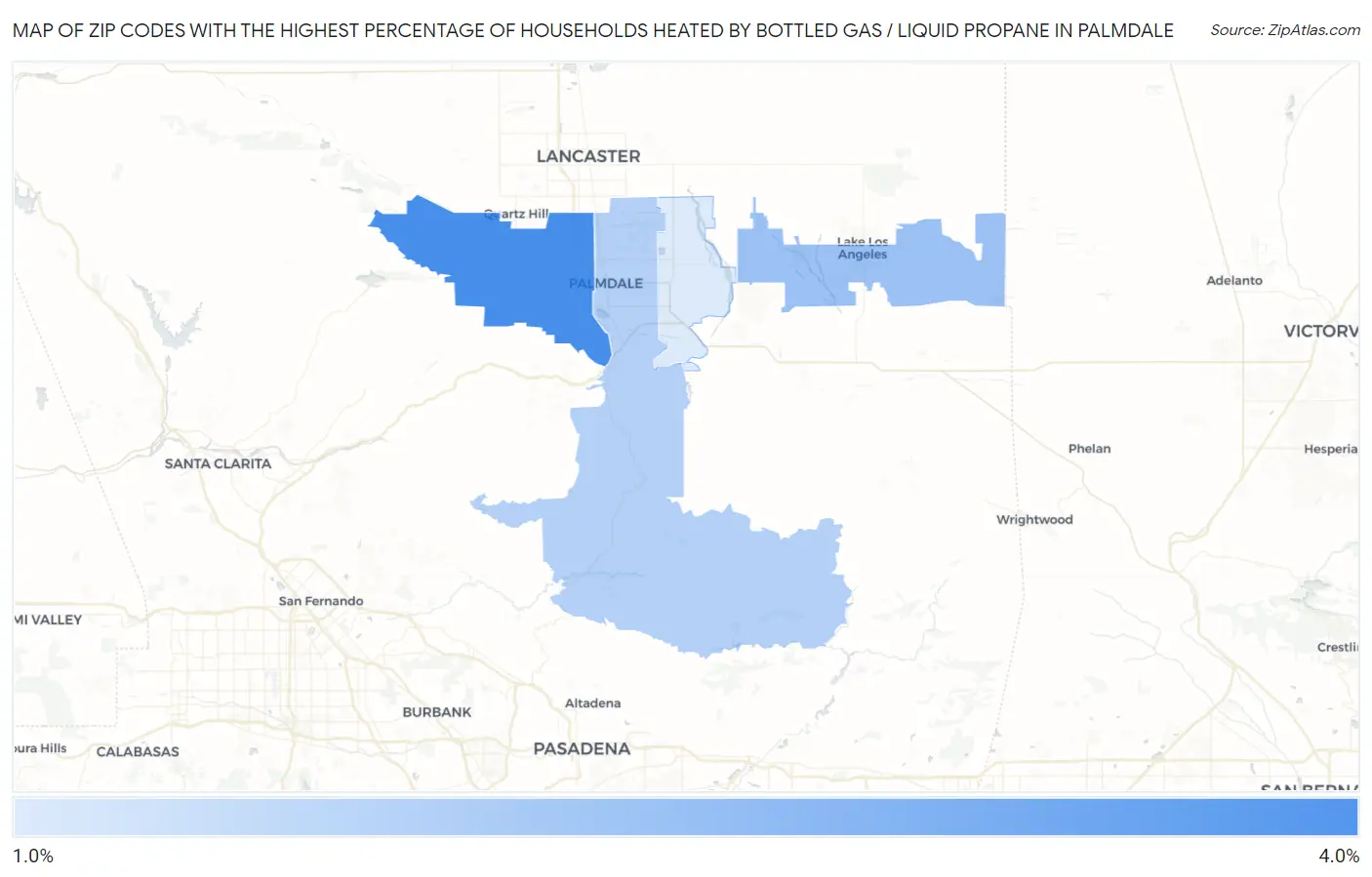Zip Codes with the Highest Percentage of Households Heated by Bottled Gas / Liquid Propane in Palmdale Map