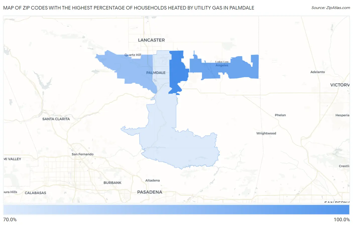 Zip Codes with the Highest Percentage of Households Heated by Utility Gas in Palmdale Map
