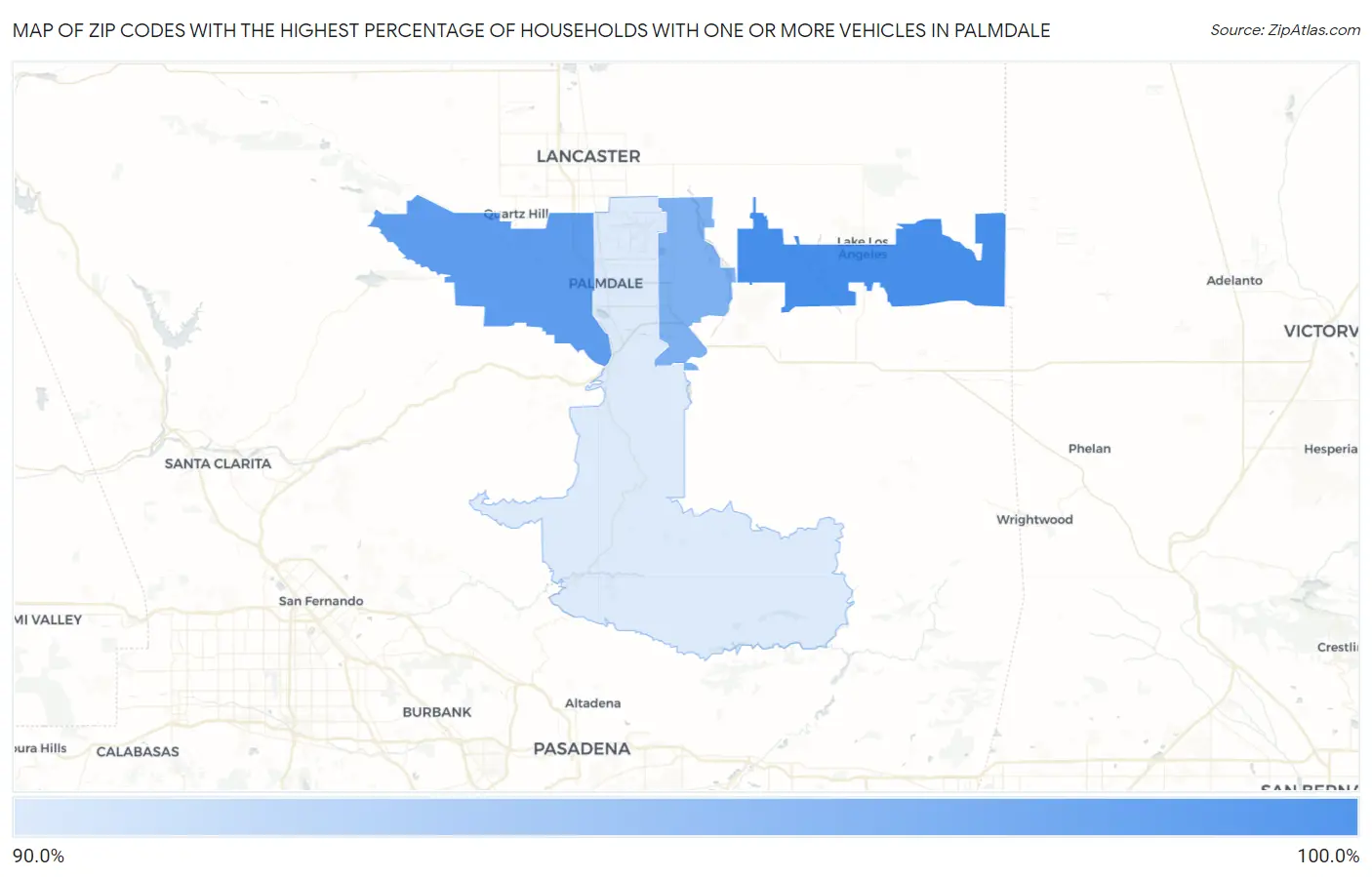 Zip Codes with the Highest Percentage of Households With One or more Vehicles in Palmdale Map